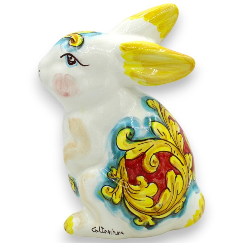 Coniglio in piedi grande, Ceramica Caltagirone, h 20 x 14 cm ca. decoro barocco giallo e rosso - 