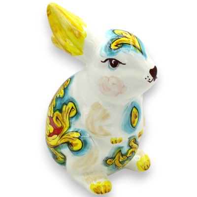 Coniglio in piedi grande, Ceramica Caltagirone, h 20 x 14 cm ca. decoro barocco giallo e rosso - 