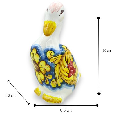 Ganso de cerâmica Caltagirone, altura 20 x 12 cm aprox. decoração barroca e flor amarela, fundo azul - 