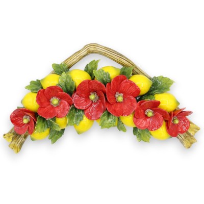 Arco Fascio, h 24 x 42 cm approx. composition of 12 lemons, 6 poppies and leaves, fine ceramic - 