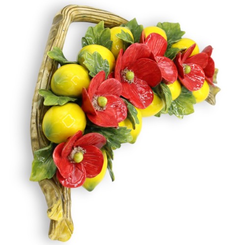 Arco Fascio, h 24 x 42 cm ca. composizione di 12 limoni, 6 Papaveri e foglie, pregiata ceramica -  2