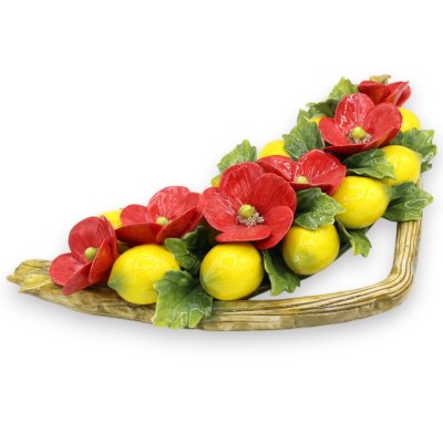 Arco Fascio, h 24 x 42 cm environ. composition de 12 citrons, 6 coquelicots et feuilles, céramique fine - 