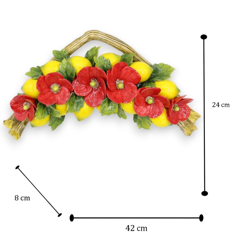 Arco Fascio, h 24 x 42 cm environ. composition de 12 citrons, 6 coquelicots et feuilles, céramique fine - 