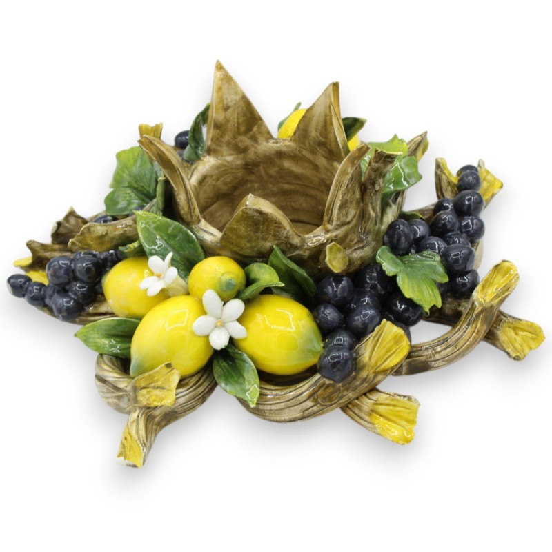 Grande Composizione Porta Candela / Centrotavola, L 34 x h 13 cm ca. Applicazioni di Limoni, Uva, foglie e Rami - 