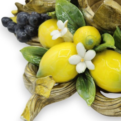 Grande Composizione Porta Candela / Centrotavola, L 34 x h 13 cm ca. Applicazioni di Limoni, Uva, foglie e Rami - 