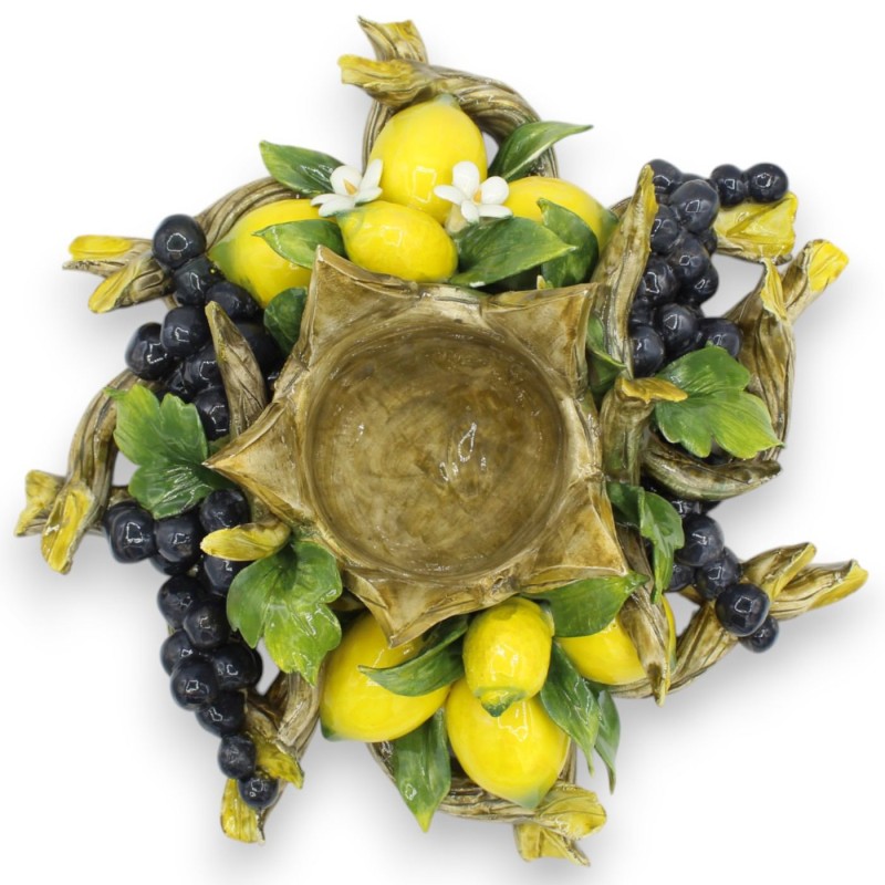 Grande Composizione Porta Candela / Centrotavola, L 34 x h 13 cm ca. Applicazioni di Limoni, Uva, foglie e Rami - 