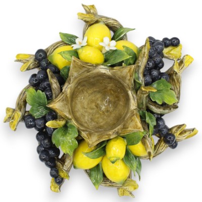 Grande Composizione Porta Candela / Centrotavola, L 34 x h 13 cm ca. Applicazioni di Limoni, Uva, foglie e Rami - 