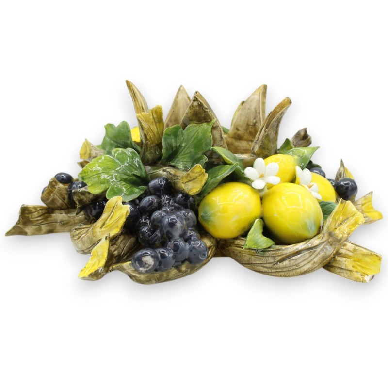Grande Composizione Porta Candela / Centrotavola, L 34 x h 13 cm ca. Applicazioni di Limoni, Uva, foglie e Rami - 