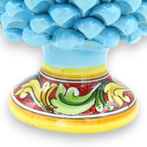 Piña siciliana de cerámica de Caltagirone, turquesa (2 tamaños, 1 unidad). Tallo con decoración barroca amarilla/verde y 2
