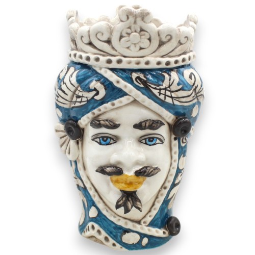 Cabeça de mouro Moresca altura 20 cm aprox. (1 peça) Cerâmica Caltagirone, friso e decoração do século XVII, fundo azul antigo