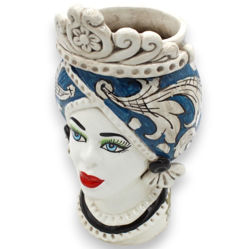 Cabeça de mouro Moresca altura 20 cm aprox. (1 peça) Cerâmica Caltagirone, friso e decoração do século XVII, fundo azul 