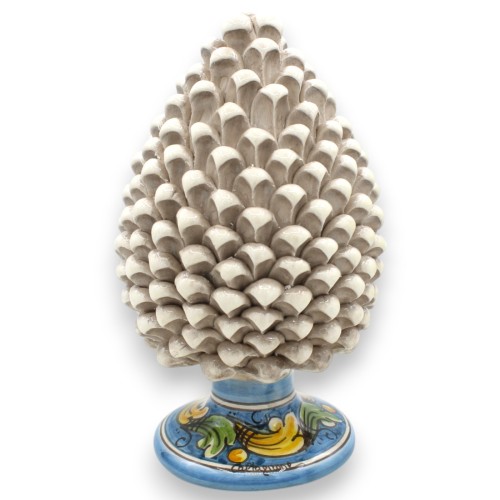 Sizilianischer Tannenzapfen aus Keramik Caltagirone, Antikweiß, 2 Größenoptionen (1 Stück) Barockdekor, Antikblauer Hint