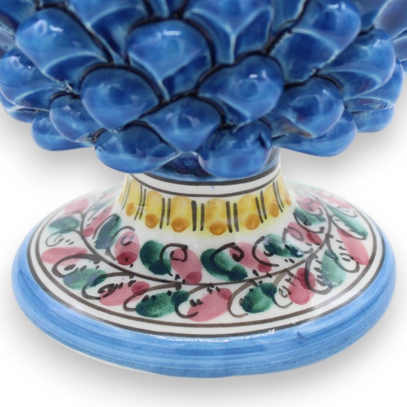 Piña siciliana de cerámica Caltagirone, azul antiguo, 2 opciones de tamaño (1 pieza), tallo decorado con hojas rosas/ver