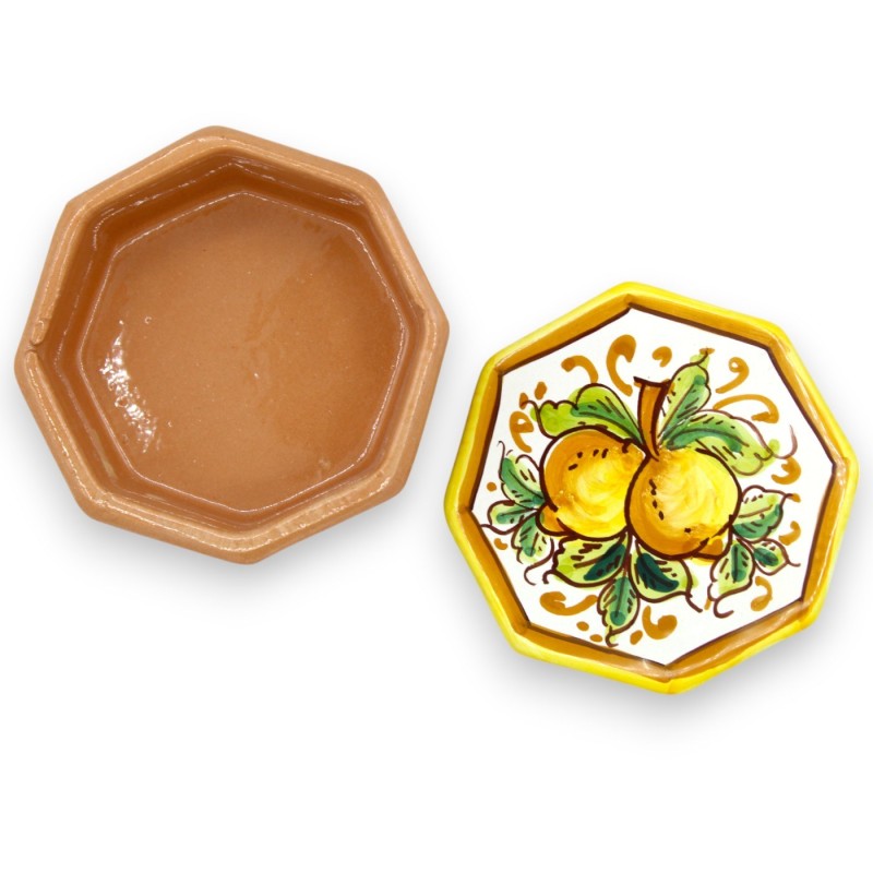 Caltagirone Ceramic Jewelry Box, octagonal shape, h 5 x W 8 cm approx. (1pc) Lemon decoration - 