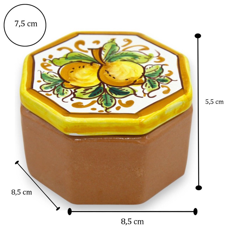 Caltagirone Ceramic Jewelry Box, octagonal shape, h 5 x W 8 cm approx. (1pc) Lemon decoration - 