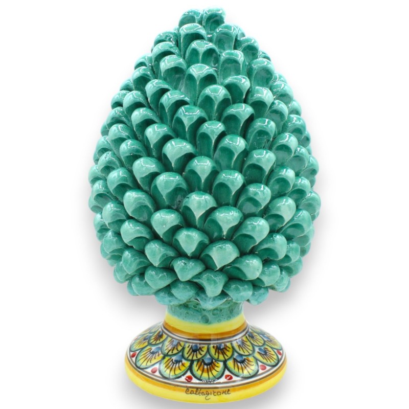 Sicilian Pine Cone in Caltagirone Ceramic, Verderame - 2 size options (1pc) Stem with Peacock decoration, white backgrou