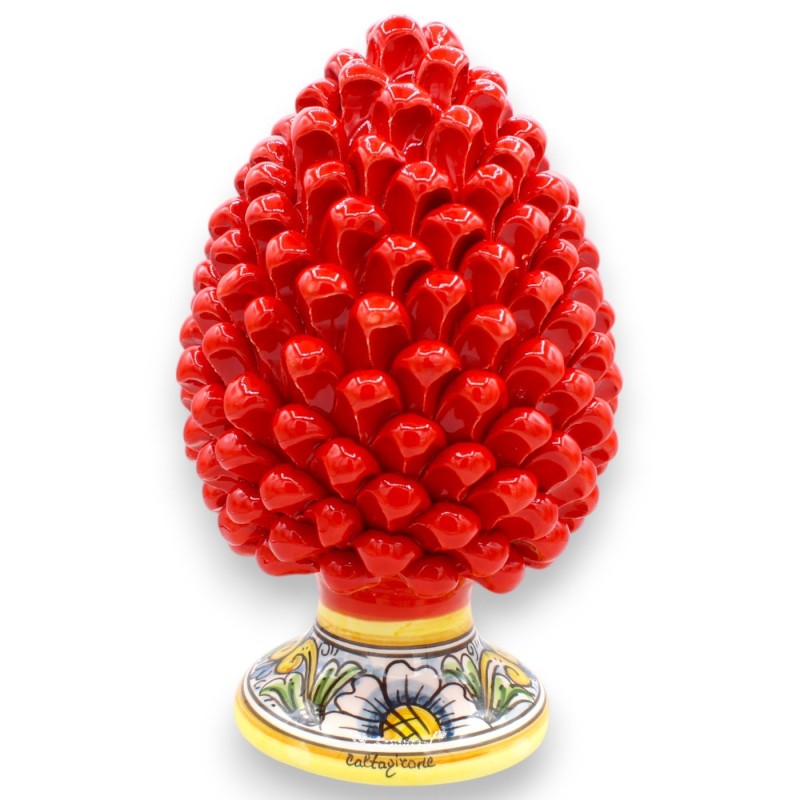 Sicilian Pine Cone in Caltagirone Ceramic, Red - 2 sizes (1pc) Baroque and flower decoration stem - 