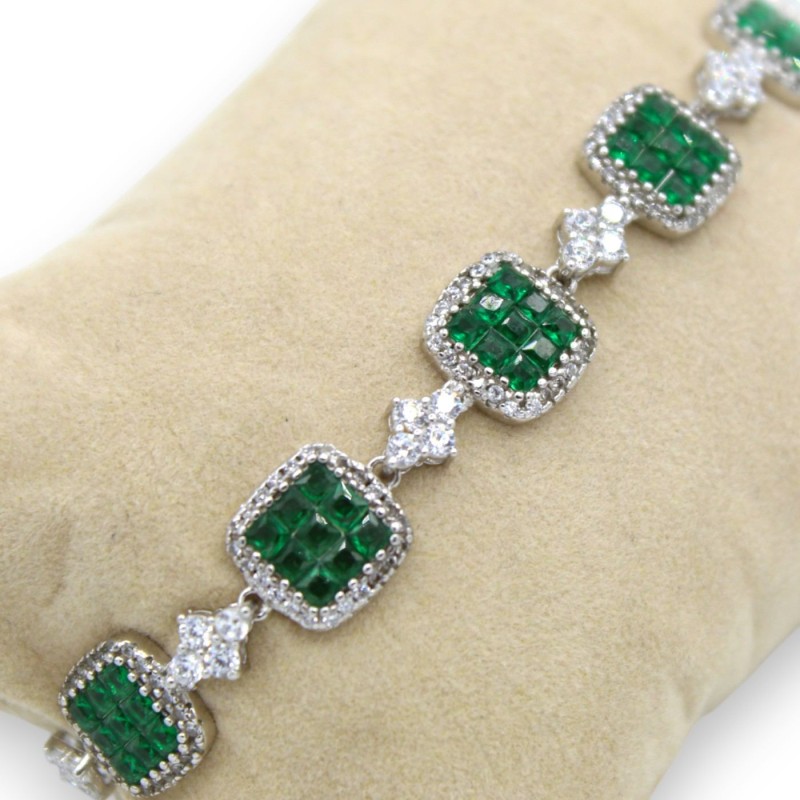 Bracelet en argent 925 avec zircones cubiques blanches et vert émeraude - L 20 cm environ. fermeture à mousqueton - 