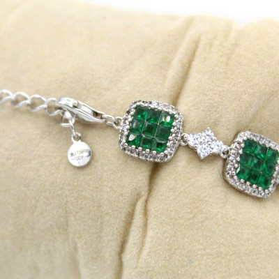 925 Silver Bracelet with White and Emerald Green Cubic Zirconia - L 20 cm approx. Lobster clasp - 