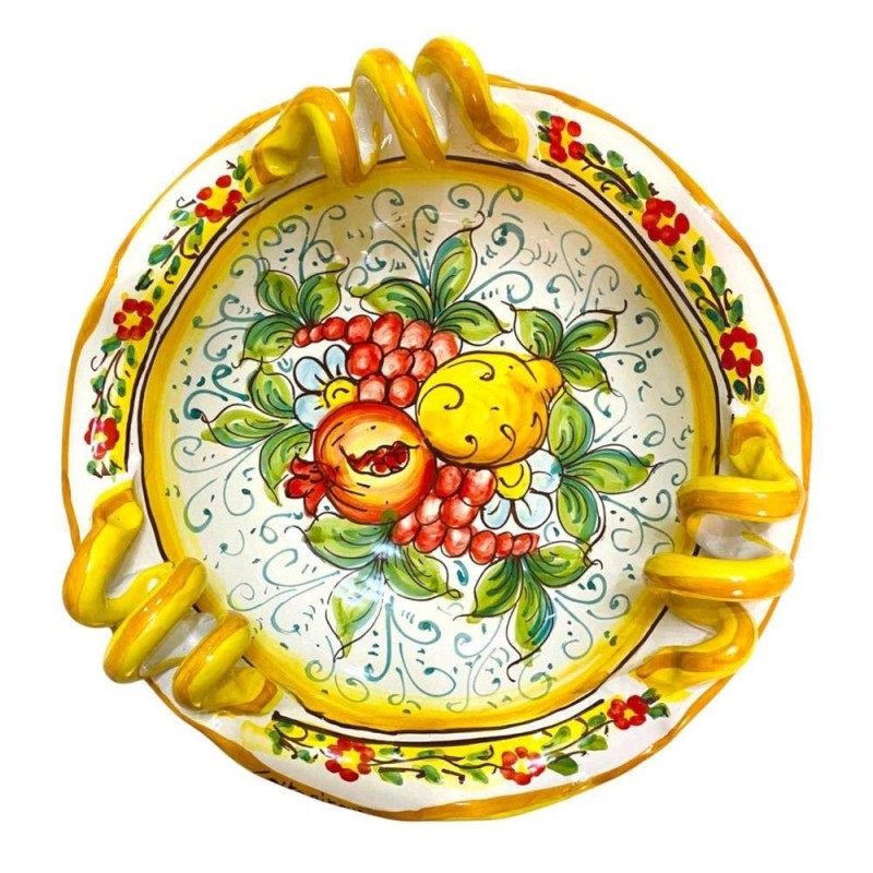 Gewellter Tafelaufsatz mit Serpentinengriffen, Caltagirone-Keramik, 2 Größenoptionen (1 Stück), gemischte Fruchtdekorati