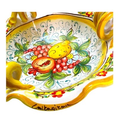 Centrotavola smerlato con manici serpentina, ceramica Caltagirone, 2 opzioni misura (1Unità) decoro frutta mista - 