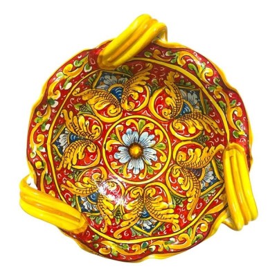 Bågat mittstycke med handtag, Caltagirone keramik 2 storleksalternativ (1 st) barockdekoration, blomma och palmetter, rö