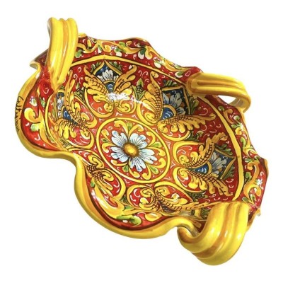 Scalloped centerpiece with handles, Caltagirone ceramic 2 size options (1pc) baroque decoration, flower and palmettes, r