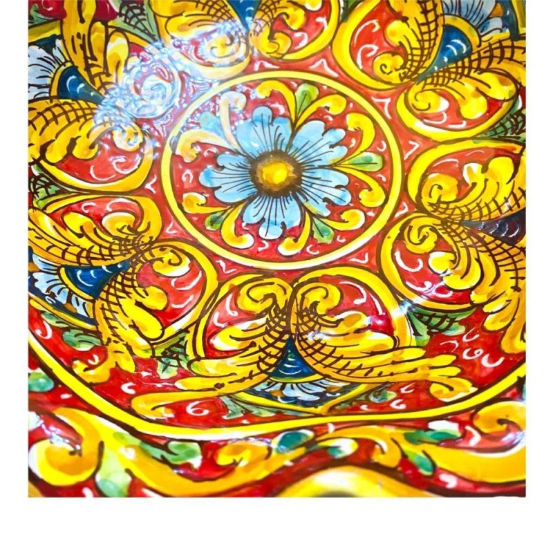 Centre de table festonné avec anses, céramique de Caltagirone 2 tailles (1pc) décor baroque, fleur et palmettes, fond ro