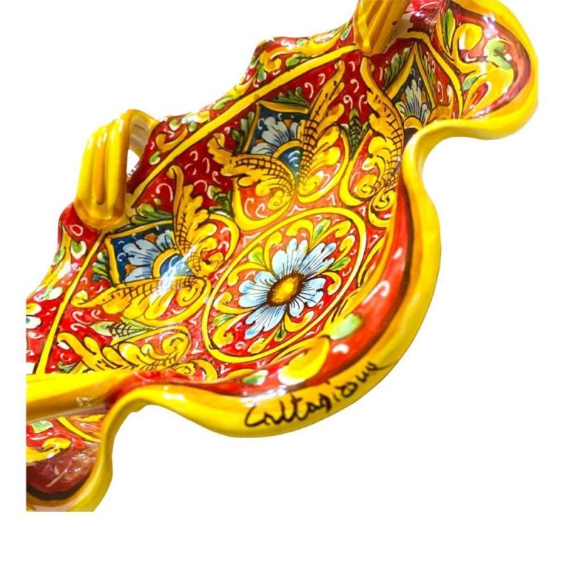 Centrotavola smerlato con manici, ceramica Caltagirone 2 opzioni misura (1Unità) decoro barocco, fiore e palmette, fondo
