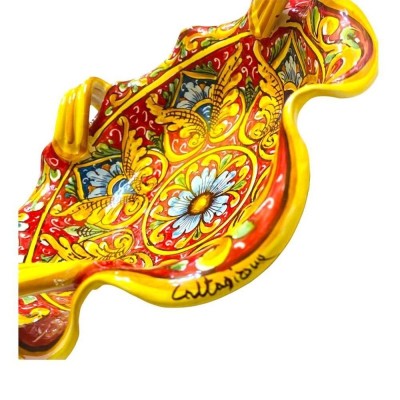 Bågat mittstycke med handtag, Caltagirone keramik 2 storleksalternativ (1 st) barockdekoration, blomma och palmetter, rö