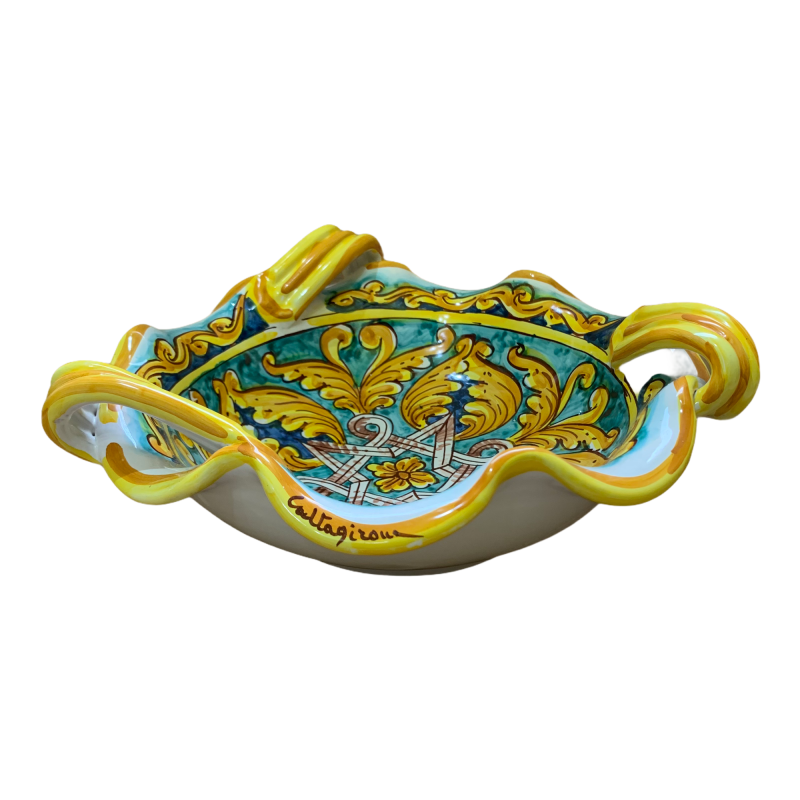 Scalloped centerpiece with handles, Caltagirone ceramic, 2 size options (1pc) geometric, baroque and palmette decoration