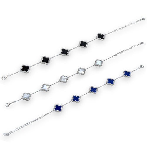 Pulseira de prata 925 (1 peça) modelo Quadrifoglio - Opções de pedras naturais, C 22 cm aprox. fecho de mosquetão - 