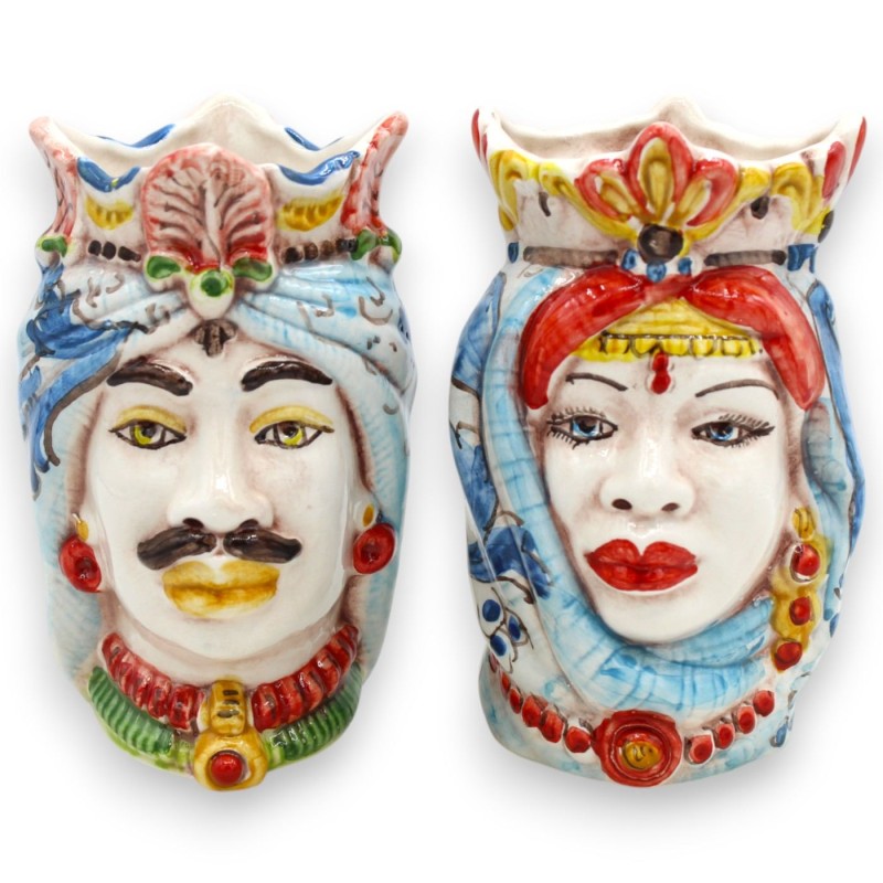 Teste di moro Siciliane Corona e Turbante (coppia) h 13 / 14 cm ca. ceramica Caltagirone MD27 - 