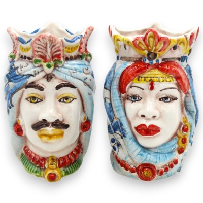 Sicilian Moor heads Crown and Turban (pair) h 13 / 14 cm approx. Caltagirone MD27 ceramic - 
