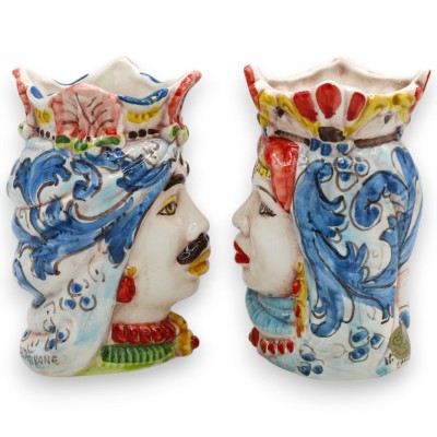 Teste di moro Siciliane Corona e Turbante (coppia) h 13 / 14 cm ca. ceramica Caltagirone MD27 - 