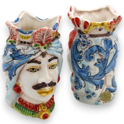 Teste di moro Siciliane Corona e Turbante (coppia) h 13 / 14 cm ca. ceramica Caltagirone MD27 - 
