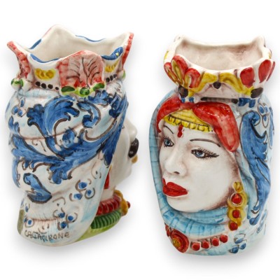 Teste di moro Siciliane Corona e Turbante (coppia) h 13 / 14 cm ca. ceramica Caltagirone MD27 - 
