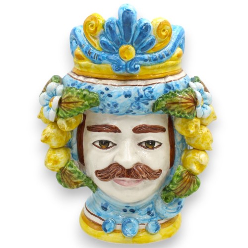 Sicilianska morhuvuden (1 st) h ca. 24 cm Caltagirone keramik - Krona, citroner och blommor, turkos bakgrund -  2