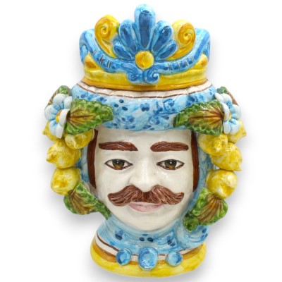 Sicilian Moorish Heads (1pc) h 24 cm approx. Caltagirone ceramic - Crown, Lemons and flowers, turquoise background - 