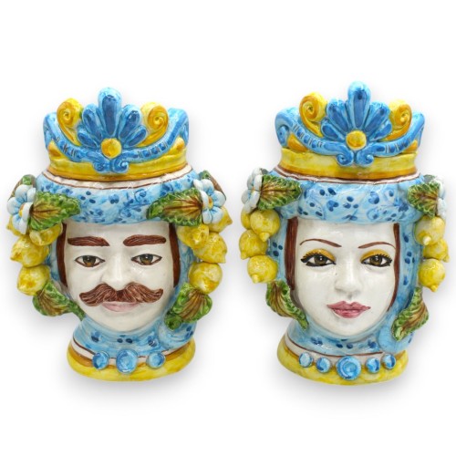 Sicilianska morhuvuden (1 st) h ca. 24 cm Caltagirone keramik - Krona, citroner och blommor, turkos bakgrund - 