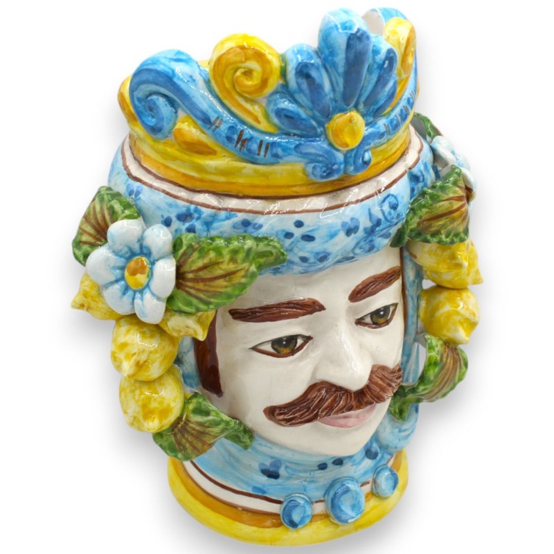 Sicilian Moorish Heads (1pc) h 24 cm approx. Caltagirone ceramic - Crown, Lemons and flowers, turquoise background - 
