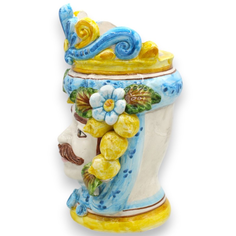 Sicilian Moorish Heads (1pc) h 24 cm approx. Caltagirone ceramic - Crown, Lemons and flowers, turquoise background - 