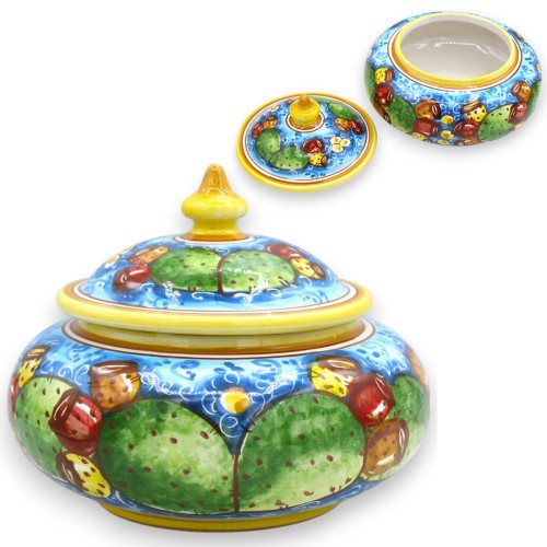 Biscottiera o Portagioie in Ceramica Caltagirone, Ø 22 x h 18 cm ca. decoro Pale Ficodindia su fondo blu - 