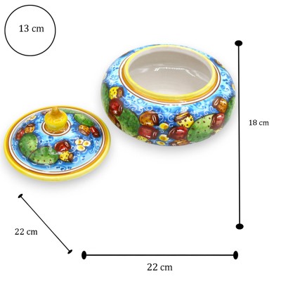 Keksdose oder Schmuckdose aus Caltagirone-Keramik, ca. Ø 22 x H 18 cm. Blasse Feigenkaktus-Dekoration auf blauem Hinterg