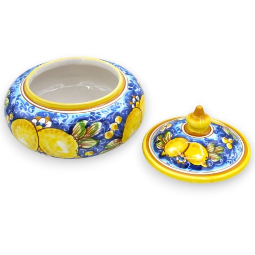Biscuit jar or jewelry box in Caltagirone ceramic, Ø 22 x h 18 cm approx. Lemon and leaves decoration on a blue backgrou 2