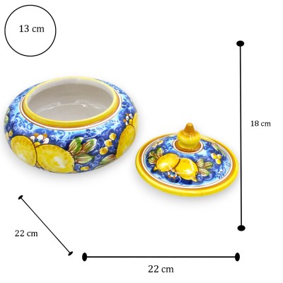 Keksdose oder Schmuckdose aus Caltagirone-Keramik, ca. Ø 22 x H 18 cm. Dekoration Zitronen und Blätter auf blauem Hinter