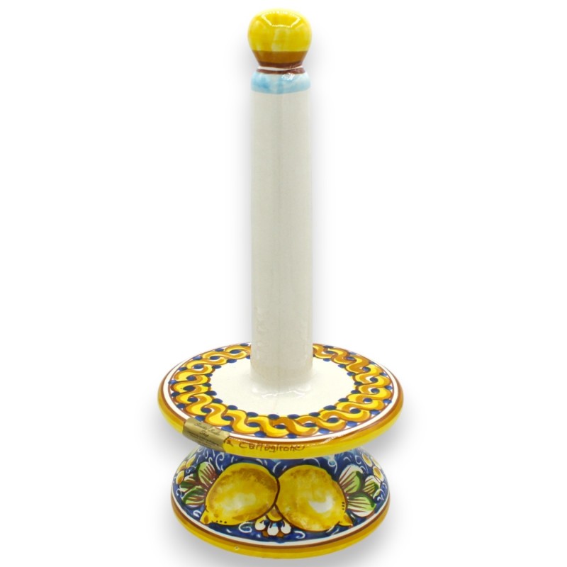 Porta-rolos de cerâmica Caltagirone, altura 30 e Ø 16 cm aprox. decoração de trança e limão em fundo azul - 