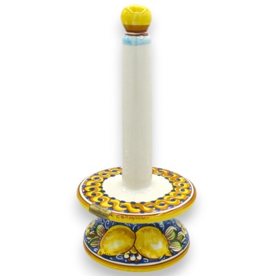 Porta rotolo da cucina in ceramica Caltagirone, h 30 e Ø 16 cm ca. decoro treccia e Limoni su fondo blu - 