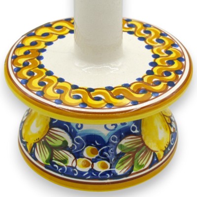 Porta rotolo da cucina in ceramica Caltagirone, h 30 e Ø 16 cm ca. decoro treccia e Limoni su fondo blu - 