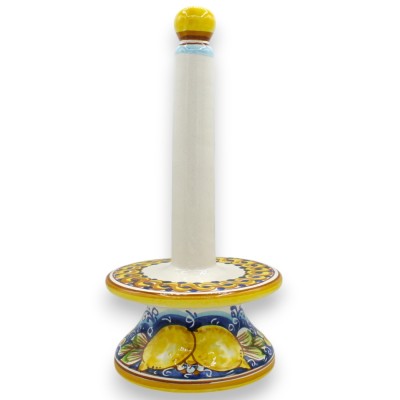 Porta rotolo da cucina in ceramica Caltagirone, h 30 e Ø 16 cm ca. decoro treccia e Limoni su fondo blu - 